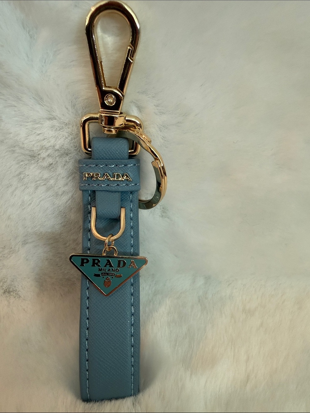 NWOT Prada Sky Blue Saffiano Leather Keyring with Gold-Tone Hardware